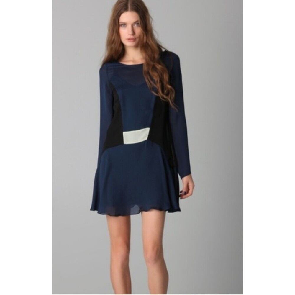 Elizabeth And James Silk Mini‎ Dress Size Small Long Sleeve Blue Black Ivory